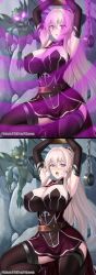  ariane_glenys_maple armpits arms_above_head blush breasts chains cleavage elf elf_ears empty_eyes expressionless femsub gloves glowing_eyes handcuffs hell_and_heaven huge_breasts kneeling large_breasts large_hips long_hair magic monster pink_hair ponytail skeleton_knight_in_another_world tagme thighhighs tongue_out 