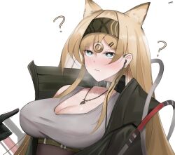  animal_ears arknights blonde_hair blush breasts cleavage confused earpiece eroborne female_only femsub green_eyes hair_ornament headband horn_(arknights) large_breasts long_hair necklace pendulum self_hypnosis signature simple_background solo spiral_eyes symbol_in_eyes white_background 