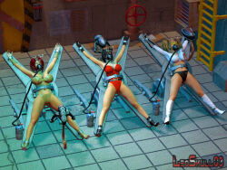 3d alien belt bikini blonde_hair boots bracers breast_grab cleavage electricity face_mask female_only femsub gas_mask glasses gloves high_heels huge_breasts hypnotic_gas large_breasts leoskull03 leotard midriff multiple_girls multiple_subs navel original red_hair restrained spread_legs super_hero tech_control tentacles twintails watermark