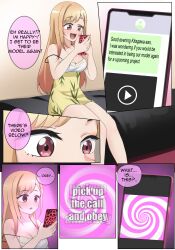 bangs bed before_and_after blonde_hair breasts cell_phone comic dress empty_eyes expressionless femsub hypnotic_screen long_hair maozi_dan marin_kitagawa my_dress-up_darling nail_polish open_mouth right_to_left ring smile spiral tech_control text