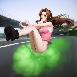 aerith_gainsborough ai_art ass boots bottomless bouncing_breasts brown_hair fart female_only femsub final_fantasy final_fantasy_vii green_eyes green_smoke hypnostink_(generator) long_hair motor_mania outdoors ring_eyes