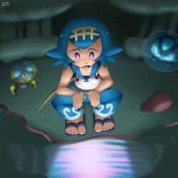 araquanid blue_hair dazed dewpider domedvortex feet female_only femsub glowing_eyes lana_(pokemon) night nintendo open_mouth outdoors pokemon pokemon_sun_and_moon reflection sandals water