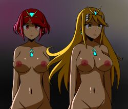  blonde_hair bottomless breasts earrings empty_eyes expressionless female_only femsub jewelry large_breasts long_hair multiple_girls multiple_subs mythra_(xenoblade) nintendo nude pyra_(xenoblade) red_eyes red_hair short_hair sortish standing standing_at_attention super_smash_bros. topless xenoblade_chronicles xenoblade_chronicles_2 yellow_eyes 