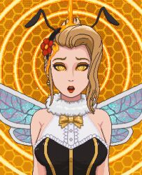  animated animated_gif antenna_(biology) bee_girl blonde_hair bow_tie brain_injection clothed expressionless eyeshadow female_only femsub final_fantasy final_fantasy_vii honey hypnotic_liquid lipstick open_mouth panicatethemoon pixel_art ring_eyes scarlet_(ff7) short_hair sidecut solo spiral_background wings yellow_eyes 