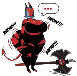  ass_expansion axe before_and_after breast_expansion bucket_helmet demon_girl female_only femsub glamrockmangle12 helluva_boss horns millie_(helluva_boss) text transformation 