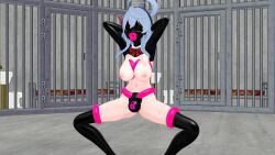 3d arms_above_head bangs blow-up_doll blue_archive blue_hair boots bow breasts chastity drone futanari futasub headdress koikatsu! large_breasts latex navel nipples null_bulge pad_lock reverse_bunnysuit rubber spread_legs sqtsan thigh_boots thighhighs topless