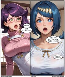 ai_art blue_hair devianbar dialogue glasses lana's_mother large_breasts long_hair nintendo pokemon purple_hair short_hair team_hypno text wicke