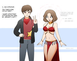  absurdres bracelet breasts brown_eyes brown_hair cleavage dialogue empty_eyes english_text femsub hand_on_hip harem_outfit haru_okumura jacket jewelry loincloth long_hair magic maledom midriff navel necklace nexus_light open_mouth original pants persona_(series) persona_5 red_eyes shirt short_hair smile text velox_kantoro_(sleeperhit) 