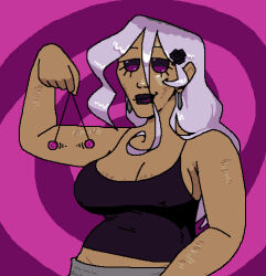 cleavage clothed coin dark_skin femdom flower_in_hair large_breasts lipstick long_hair looking_at_viewer pants pendulum pov pov_sub purple_eyes purple_hair sarah_succubus shirt sideboob spiral_background