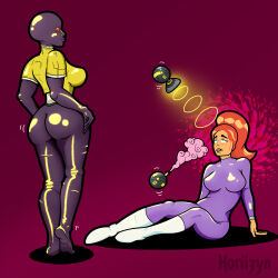 ass blush bodysuit boots breasts drone erect_nipples eye_roll female_only femdom femsub horiizyn hypnotic_gas hypnotic_light large_ass large_breasts latex legs open_mouth original red_hair robot rubber tight_clothing