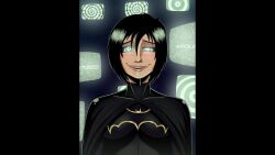 animated black_hair cassandra_cain cloak costume dc_comics drool femsub hypnotic_screen polmanning smile solo spiral_eyes super_hero symbol_in_eyes tagme video