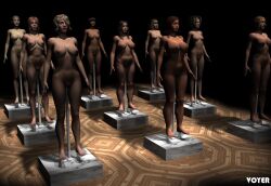 3d barefoot black_hair blonde_hair bottomless breasts brown_hair female_only large_breasts multiple_girls original short_hair standing standing_at_attention statue topless voyer