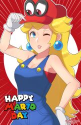 bare_shoulders blonde_hair blue_eyes breasts cappy cleavage cosplay earrings femsub gloves happy_trance hat jewelry large_breasts long_hair mario nintendo one_eye_open possession princess princess_peach red_eyes sarukaiwolf smile super_mario_bros. super_mario_odyssey text wink