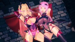 3d alternate_costume armpits arms_above_head blonde_hair blush breasts breath cameltoe choker cleavage collar crotch_tattoo empty_eyes erect_nipples erect_nipples_under_clothes espher_(saint_quartz) evil_smile female_only femsub garter_straps gloves glowing glowing_eyes hair_ornament happy_trance heavy_eyelids jewelry koikatsu! large_breasts leotard long_hair looking_at_viewer moawi1 multiple_girls multiple_subs open_mouth opera_gloves pink_eyes pink_hair saint_quartz smile tattoo thigh_boots thighhighs tongue tongue_out wings