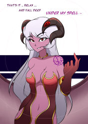  arm_bands choker clothed dialogue english_text female_only femdom gloves horns long_hair looking_at_viewer nexus_light original pov pov_sub purple_skin queen_contract red_eyes royalty simple_background smirk solo spiral_background succubus tattoo text white_hair wings 