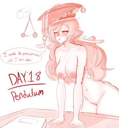 a_singular_fish blush book breasts coin collarbone empty_eyes female_only femsub genshin_impact hair_ornament hat hypnovember leaning_forward long_hair navel nipples nude open_mouth pendulum pussy simple_background solo table text white_background wide_hips yanfei_(genshin_impact)