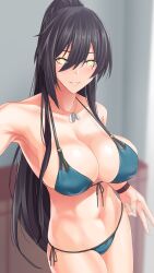 bikini black_hair blush breasts cleavage dog_tags female_only gachou glowing glowing_eyes icontrol_(manipper) large_breasts long_hair looking_at_viewer manip navel necklace ponytail sakuya_shirase solo spiral_eyes swimsuit symbol_in_eyes the_idolm@ster the_idolm@ster:_shiny_colors