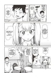 absurdres akitsuki_itsuki blonde_hair brother_and_sister comic couch greyscale hard_translated incest original ribbon school_uniform sitting text translated twintails