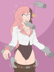  chin_hold cleavage cleavage_cutout coin collarbone female_only femsub happy_trance heterochromia necklace neopolitan pants pendulum phantom_hand pink_hair plsgts restrained rwby shirt shrunken_irises simple_background smile solo sparkle spiral standing undressing very_long_hair watermark 
