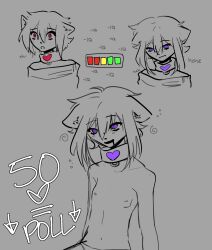  before_and_after brain_drain cat_boy cat_ears collar collarbone drool happy_trance hypnotic_accessory laughing male_only malesub matraki nipples open_mouth original progress_indicator purple_eyes red_eyes sequence short_hair smile spiral spiral_eyes tech_control text topless 