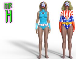 3d alien bare_shoulders barefoot belt bracers breasts dc_comics face_mask female_only femsub gloves happy_trance lady_liberty_(ladytania) leotard miss_america_(mad-man-with-a-pen) mr-hypnotyk multiple_girls multiple_subs original parasite signature simple_background smile standing starro super_hero white_background