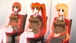 absurdres aura blonde_hair blue_eyes brown_hair empty_eyes expressionless fate_testarossa female_only femsub glowing hayate_yagami large_breasts long_hair magical_girl_lyrical_nanoha multiple_girls multiple_subs nanoha_takamachi pantyhose red_eyes red_hair ribbon short_hair sitting tak tie uniform