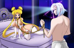  alternate_costume bare_shoulders bed blonde_hair breasts chains empty_eyes femsub gloves glowing glowing_eyes hachimitsu-ink happy_trance large_breasts long_hair lying maledom opera_gloves prince prince_demande royalty sailor_moon sailor_moon_(series) short_hair smile tagme third_eye white_hair 