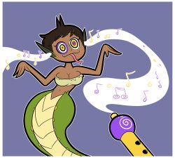  ahoge apopop breasts brown_hair calypso_(hypnolordx) cleavage dancing dark_skin elf_ears fangs female_only femsub flute happy_trance hypnotic_music monster_girl naga_girl original ring_eyes short_hair simple_background smile snake_charmer snake_girl tongue tongue_out 
