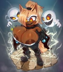  aura bare_shoulders boo_(sonic) breast_fondling breast_grab breasts cleavage clothed eye_color_change floating furry ghost glowing_eyes groping holding_breasts hyper_breasts multicolored_eyes nipples possession reliusmax smile sonic_the_hedgehog_(series) standing whisper_the_wolf 