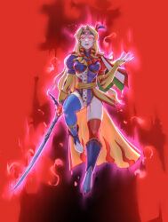  aura blonde_hair breasts cape celes_chere clown clown_girl corruption enemy_conversion erect_nipples erect_nipples_under_clothes female_only final_fantasy final_fantasy_vi fingerless_gloves floating gloves glowing glowing_eyes hair_ornament headband kefka_palazzo leebigtree leotard looking_at_viewer nipples opera_gloves pale_skin red_background red_eyes smirk solo sword thighhighs weapon 