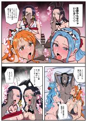 animal_ears bikini bikini_bottom bikini_top black_eyes black_hair blue_eyes blue_hair blush boa_hancock breasts buhimaru2121 bunny_ears bunny_girl bunnysuit cat_ears censored cheerleader closed_eyes clothed cow_print dialogue earrings fake_animal_ears femsub foot_licking foot_worship gloves licking long_hair maid maid_headdress maledom multiple_girls multiple_subs nami_(one_piece) nefertari_vivi nico_robin nipples nude one_piece opera_gloves orange_eyes orange_hair penis steam sweat text translation_request ugly_bastard