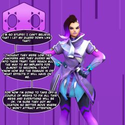  3d angry before_and_after bimbofication brown_hair comic dialogue eyeshadow female_only grakio hand_on_hip leggings makeup mind_hack multicolored_hair overwatch pink_hair short_hair solo sombra_(overwatch) speech_bubble standing tan_skin tech_control text transformation 