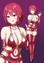  bangs bare_shoulders blush breasts character_request choker cleavage collarbone dress empty_eyes femsub fingerless_gloves gloves gradient_background happy_trance high_heels looking_at_viewer nail_polish navel opera_gloves purple_hair red_hair sexually_suggestive shoes short_hair smile standing thighhighs thong tongue yozora_leon18 