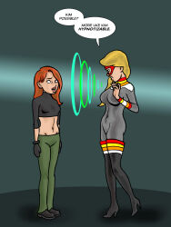 blonde_hair disney expressionless femdom femsub hypnotia kim_possible kim_possible_(series) long_hair marvel_comics mask mike184 open_mouth red_hair standing standing_at_attention super_hero text whitewash_eyes