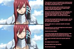 aliensdideverything_(manipper) brown_eyes caption erza_scarlet fairy_tail female_only femdom femsub hypnotic_accessory long_hair manip open_mouth red_hair text whitewash_eyes