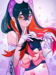  alternate_costume androgynous_dom black_hair carmine_(pokemon) eye_color_change femsub gloves heterochromia kimono long_hair looking_at_viewer multicolored_hair nintendo open_mouth pecharunt pokemon pokemon_masters pokemon_scarlet_and_violet possession purple_eyes red_hair shiro_(46isou) yellow_eyes 