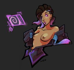 breasts breasts_outside brown_hair dark_skin earrings female_only femsub hypnotic_screen jewelry lipstick makeup multicolored_hair neo-edo-exican open_clothes overwatch purple_hair short_hair sombra_(overwatch) spiral tech_control topless undressing
