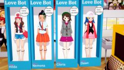  3d blue_hair brown_hair dark_skin dawn_(pokemon) dialogue doll dollification empty_eyes femsub gloria_(pokemon) hilda_(pokemon) long_hair nemona_(pokemon) nintendo packaged pokemon short_hair sonrio12 text 
