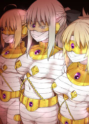 blonde_hair blue_eyes bondage breasts chains collar eye_mask fate/grand_order fate_(series) hair_ribbon jewelry kusayarou mordred_(fate) morgan_le_fey_(fate) mummification nipple_weights pasties ponytail ribbon saber_alter standing_at_attention sweat white_hair