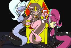 blue_skin breasts coils equestria_girls femdom freckles glasses glowing_eyes grey_hair grey_skin hypnotic_eyes long_hair looking_at_viewer multiple_girls my_little_pony naga_girl pink_eyes pink_hair pink_skin ponytail seductive_smile shiny_skin simple_background smile snake snake_girl sour_sweet sugarcoat tail tinker-tock twintails white_hair