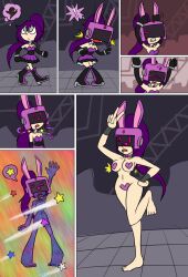 bottomless breasts collar comic drool expressionless female_only femsub heart_pasties helmet hypnotic_accessory large_breasts long_hair mythkaz nude open_mouth original pasties ponytail progress_indicator purple_hair solo tech_control topless transformation visor z-tech_(zko)