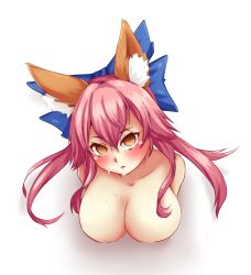animal_ears blush bottomless breasts caster_(fate/extra) drool empty_eyes fate/extra fate_(series) female_only femsub fox_girl large_breasts long_hair nell-chrome nude pink_hair solo topless white_background yakai yellow_eyes