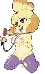 absurdres animal_crossing bottomless breasts collar dog_girl drool femsub furry happy_trance isabelle_(animal_crossing) kneeling leash maledom monke_brush nintendo nude pet_play pussy_juice thighhighs topless