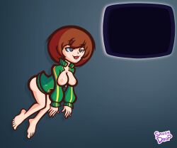 absurdres breasts breasts_outside brown_hair chie_satonaka clothed drool female_only femsub floating happy_trance jacket persona_(series) persona_4 short_hair signature simple_background smile smushdrop solo spiral spiral_background spiral_eyes symbol_in_eyes tech_control transparent_background tv