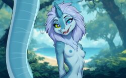 ai_art animated animated_eyes_only animated_gif beach blue_hair blue_skin bottomless breasts disney dragon_girl fangs femdom furry horns jungle kaa_eyes manip naga_girl nipples nude pov pov_sub raya_and_the_last_dragon scalie sisu smile suppas_(manipper) topless 