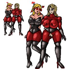 amy_(asaola) antenna blonde_hair bodysuit breasts female_only femdom happy_trance heart hypnotic_accessory large_breasts latex long_hair multicolored_hair open_mouth original pixel_art sasirre  smile spiral_eyes symbol_in_eyes tech_control trippy_(trippy)