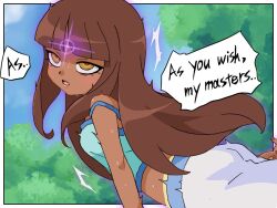  bangs bare_shoulders blush brown_eyes brown_hair clothed control_indicator crop_top dark_skin dazed dialogue english_text female_only femsub forest glowing heavy_eyelids hitsugi_mc lolirock long_hair midriff open_mouth outdoors pants solo speech_bubble straight-cut_bangs sweat talia_(lolirock) tank_top text trembling 