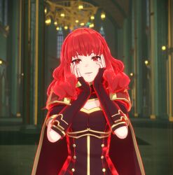  3d aura bangs breasts cape celica_(fire_emblem) corruption dress fingerless_gloves fire_emblem fire_emblem_echoes fire_emblem_engage gloves looking_at_viewer nintendo open_mouth overused23 red_eyes red_hair small_breasts smile 