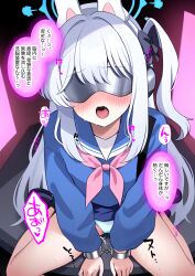 ai_art animal_ears bangs blindfold blue_archive blush bow cameltoe corruption cuffs drool female_only femsub hair_ornament halo headphones japanese_text kneeling miyako_(blue_archive) open_mouth pussy_juice school_uniform serasera_(generator) shoes side_ponytail solo speech_bubble spread_legs sweat tech_control underwear very_long_hair white_hair