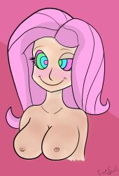 blush breasts dazed dead_source eyeswirl femsub fluttershy happy_trance hypnotic_eyes kaa_eyes large_breasts long_hair my_little_pony personification pink_hair topless